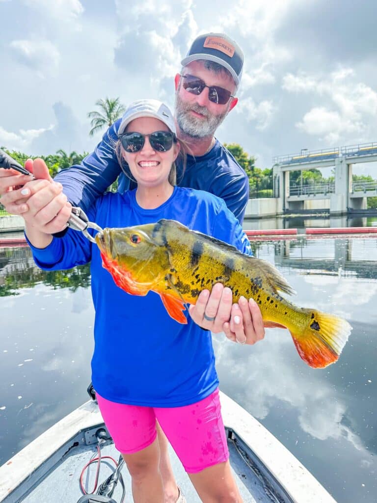 a fisherman reeling in a peacock bass